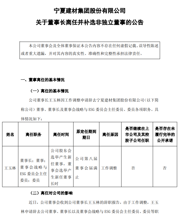 寧夏建材多位高管變動！董事長王玉林因工作調整離任！