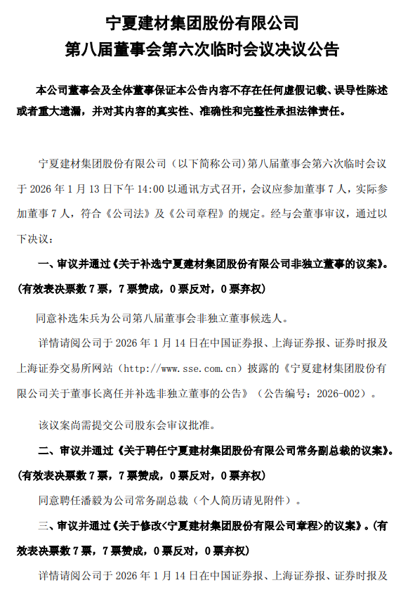 寧夏建材多位高管變動！董事長王玉林因工作調整離任！